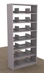 The 76 tall Aurora Quik-Lok Shelving Starter Unit in gray offers 7 openings with adjustable shelves for 12 letter-size organization, featuring divider panels for compartmentalized storage. Its elegantly set on a brown carpeted floor against a plain background.