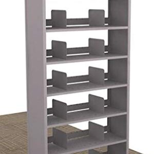 The 76 tall Aurora Quik-Lok Shelving Starter Unit in gray offers 7 openings with adjustable shelves for 12 letter-size organization, featuring divider panels for compartmentalized storage. Its elegantly set on a brown carpeted floor against a plain background.