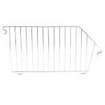 The Vulcan WIRE 12 OEB DIVIDE, sold in packs of 10 per carton, includes a metal rack with evenly spaced vertical bars and hooks on each end for hanging or mounting. Its symmetrical pattern and angled sides add a modern design touch.