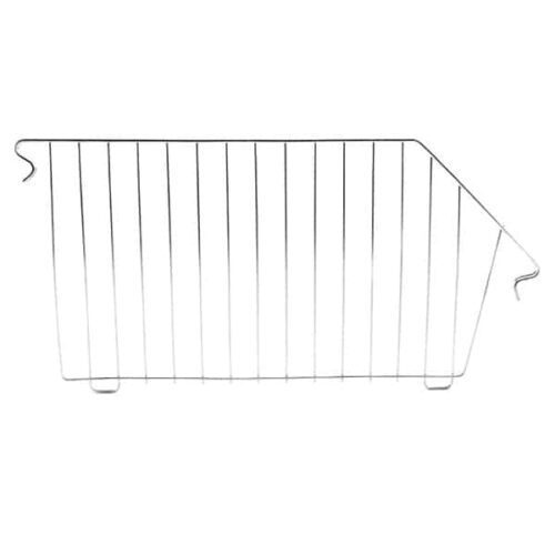 The Vulcan WIRE 12 OEB DIVIDE, sold in packs of 10 per carton, includes a metal rack with evenly spaced vertical bars and hooks on each end for hanging or mounting. Its symmetrical pattern and angled sides add a modern design touch.