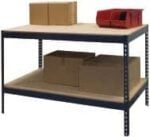 A metal shelving unit with two levels is shown. The top shelf holds two brown cardboard boxes and a red plastic bin. The lower shelf contains a large brown cardboard box. The shelf is sturdy and utilitarian in design.