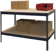 A metal shelving unit with two levels is shown. The top shelf holds two brown cardboard boxes and a red plastic bin. The lower shelf contains a large brown cardboard box. The shelf is sturdy and utilitarian in design.