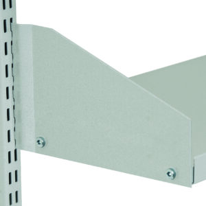 Close-up of a metal shelf bracket attached to a slotted metal upright, designed for supporting a shelf. The bracket is angled and secured with screws, showcasing a simple and sturdy design in a light gray color.