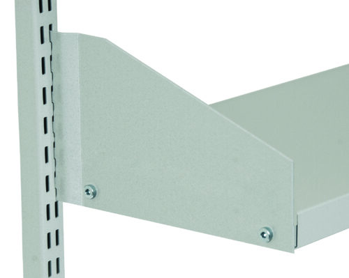 Close-up of a metal shelf bracket attached to a slotted metal upright, designed for supporting a shelf. The bracket is angled and secured with screws, showcasing a simple and sturdy design in a light gray color.
