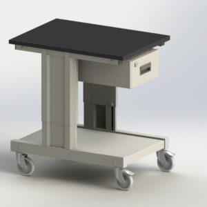 A mobile metal cart with four caster wheels, featuring a black rectangular tabletop and a small square drawer underneath. The base is metallic with a clean, industrial design. The cart is set against a plain white background.