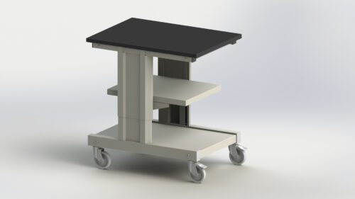 A metallic rolling cart with a black top surface, featuring two lower shelves in a light gray color. The cart has four swivel caster wheels for mobility. The design is modern and minimalist, suitable for office or workshop use.