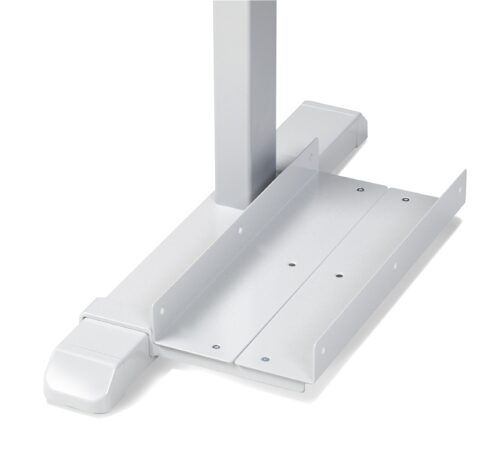 Close-up of a metallic, light gray bracket or mount, possibly a part of a furniture piece or stand. It features several screw holes and is positioned at the base of a vertical structure, supported by horizontal extensions for stability.