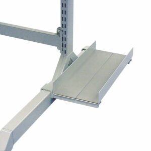 A close-up of a metal adjustable shelving bracket with a gray finish. The bracket is positioned horizontally and connected to a vertical support structure, ready to hold a shelf.
