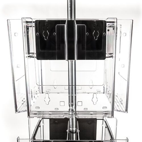The Vulcan STAR 12 CLEAR 11 POCK with 3 rotators features multiple compartments and mounting slots on a metal pole, making it ideal for organizing and displaying items in retail or office settings, offering clear customization options.