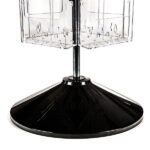 The Vulcan CIRC 12 CLEAR 11 POCK 3 ROTATORS display stand has a unique black conical base and transparent compartments for items like brochures. Its segmented center rod supports the rotating pockets, ensuring smooth rotation for maximum visibility.