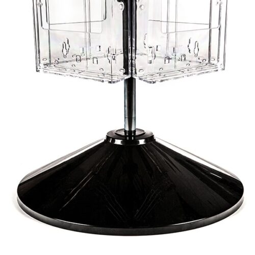 The Vulcan CIRC 12 CLEAR 11 POCK 3 ROTATORS display stand has a unique black conical base and transparent compartments for items like brochures. Its segmented center rod supports the rotating pockets, ensuring smooth rotation for maximum visibility.