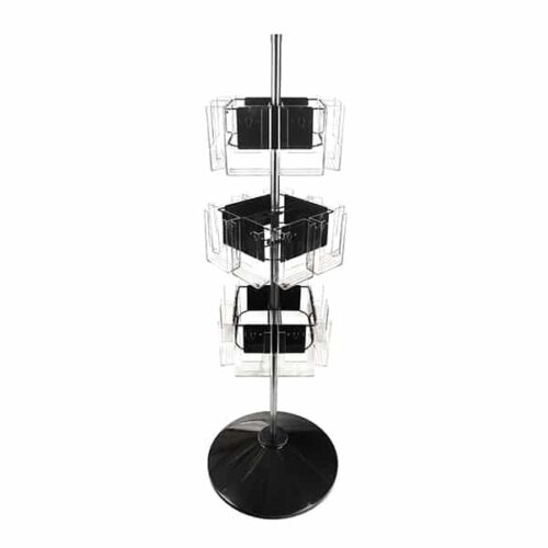 The Vulcan CIRC 24 CLEAR 4 POCK 3 ROTATORS is a black and silver rotating display stand with three tiers of clear brochure holders. Each tier can accommodate multiple pamphlets or flyers, supported by a round base for stability, with 3 rotators ensuring smooth access to all displayed materials.