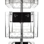 The Vulcan CIRC 12 CLEAR shelving units boast a transparent, cubed design around a metal pole with 11 POCK 3 ROTATORS, offering a geometric and symmetrical appearance. The clear material enhances visibility, emphasizing its industrial and modern style.