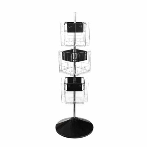The Vulcan CIRC 12 CLEAR includes three transparent, rectangular shelves with 11 adjustable pockets set vertically around a central pole. It has a round, black base and features three rotators for flexible organization of documents or items.