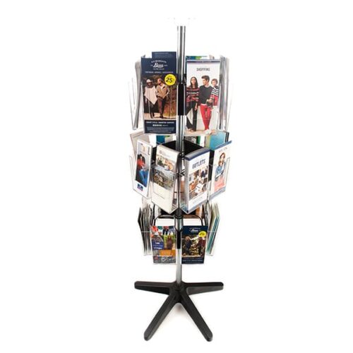 The Vulcan STAR 12 CLEAR 11 POCK 3 ROTATORS is a tall stand elegantly holding brochures and pamphlets. With multiple pockets on its central pole, it showcases vibrant images and text, while its black base with four supportive legs provides stability and organization.