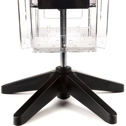 The Vulcan STAR 12 CLEAR 11 POCK 3 ROTATORS display rack has a transparent design, mounted on a metal pole with a black four-legged base. It features an empty lower compartment and three rotators, perfect for showcasing items.