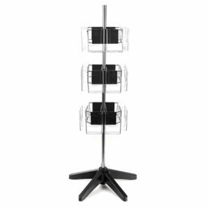 The Vulcan STAR 24 CLEAR 4 POCK 3 ROTATORS display stand includes a vertical pole with three tiers of transparent 4 pockets, ideal for brochures or postcards. A black tripod base ensures stability, and the three rotators allow easy access to each tier.
