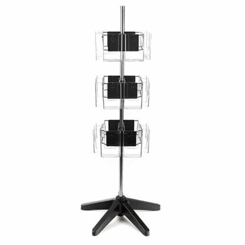 Clear-Star-Brochure-3-T123S.jpg The Vulcan STAR 24 CLEAR 4 POCK 3 ROTATORS display stand includes a vertical pole with three tiers of transparent 4 pockets, ideal for brochures or postcards. A black tripod base ensures stability, and the three rotators allow easy access to each tier.