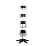 The Vulcan STAR 8 CLEAR 11 16 CLEAR 4 POCK 4 ROTATORS is a tall, black display stand featuring four rotating tiers with clear acrylic pockets, ideal for brochures or magazines. Its sturdy star-shaped base ensures stability against a plain white background.
