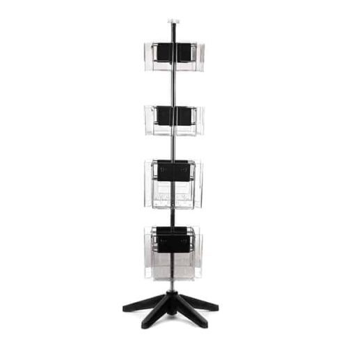 The Vulcan STAR 8 CLEAR 11 16 CLEAR 4 POCK 4 ROTATORS is a tall, black display stand featuring four rotating tiers with clear acrylic pockets, ideal for brochures or magazines. Its sturdy star-shaped base ensures stability against a plain white background.