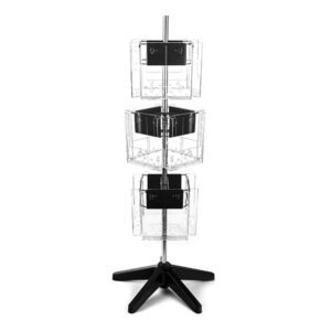 The Vulcan STAR 12 CLEAR 11 POCK 3 ROTATORS display rack has three tiers with transparent pockets, separated by black dividers, and is mounted on a sleek black swivel base, ideal for efficiently showcasing brochures or flyers.