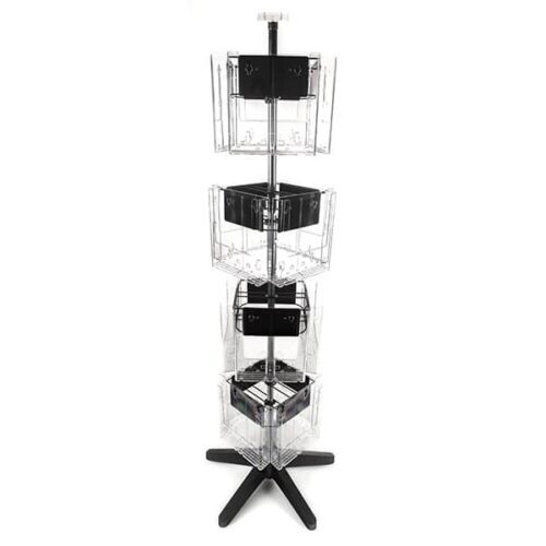 The Vulcan STAR 16 CLEAR stand features four transparent tiers, each with 11 pockets for items like brochures. This tall, rotating display has a sturdy base with five legs and four rotators, offering stability and easy access to its 16 pockets.