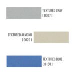 Three vertical rectangular swatches, based on the Vulcan VI HALF REAR DOOR CAB TX GRY, are labeled as textured gray [0007], textured almond [0020], and textured blue [0150] against a white background.