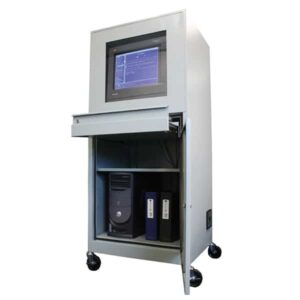 A white mobile computer workstation with a data-displaying monitor, pull-out drawer, and binders neatly organized above the Vulcan VI FULL REAR DOOR CAB TX GRY securely housing a desktop tower.