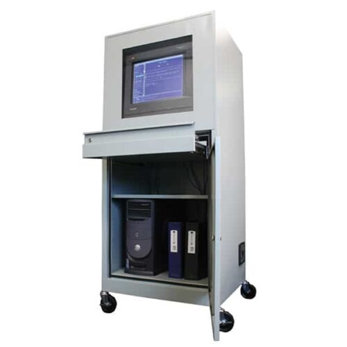 Comp-Cabinet-Full-Door-Front-Gray-1012928.jpg A white mobile computer workstation with a data-displaying monitor, pull-out drawer, and binders neatly organized above the Vulcan VI FULL REAR DOOR CAB TX GRY securely housing a desktop tower.