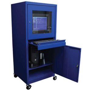 The Vulcan VI HALF REAR DOOR CAB TX GRY features a blue industrial design on wheels with a pull-out keyboard tray, windowed top for screen visibility, and an open lower compartment that showcases the CPU tower with its half rear door ajar.