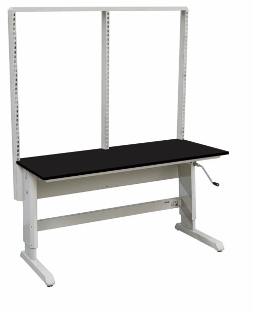 An adjustable workbench with a black tabletop and a white metal frame embodies laboratory design. It features a crank handle for height adjustment and vertical supports at the back, offering a clean, minimalist aesthetic.