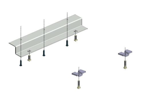 Illustration of a structural assembly with a long beam and four fasteners. The image shows the beam from a side view, and the fasteners are labeled with dimensions for installation. Additional components are shown on the right.