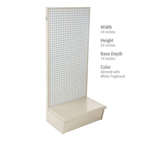 The Vulcan SP Gondola 24 x 54 Almond* display unit includes a white pegboard and measures 24W x 54H x 14D, making it perfect for efficient merchandise showcasing with its solid base and vertical pegboard.