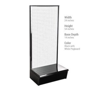 The Vulcan SP GONDOLA 24 X 54 BLACK is a sleek display stand with a white pegboard, measuring 54 inches in height and 24 inches in width, featuring a sturdy base depth of 14 inches. Its perforated design provides versatile storage or display options.