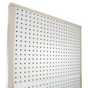 A Vulcan SP EXTENDER 18 X 24 ALMOND pegboard with circular holes, mounted vertically in a light-colored frame. Its partially visible, angled from the left side with part of the top edge showing.