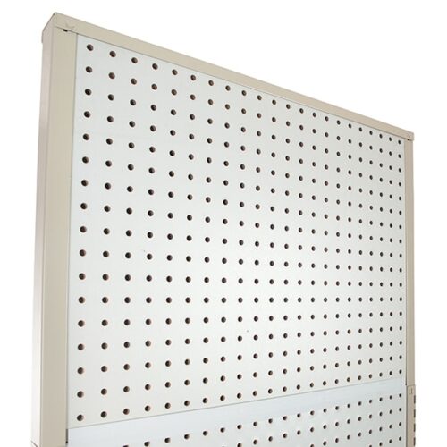 A Vulcan SP EXTENDER 18 X 24 ALMOND pegboard with circular holes, mounted vertically in a light-colored frame. Its partially visible, angled from the left side with part of the top edge showing.