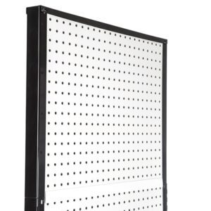 A Vulcan SP EXTENDER 18 X 24 BLACK pegboard stands upright with its sleek black frame and evenly spaced round holes visible from an angle against a plain white background.