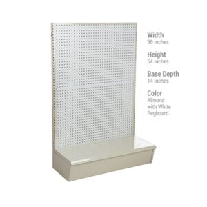 The Vulcan SP GONDOLA 36 X 54 ALMOND showcases a stylish almond base with a white pegboard, measuring 36 wide, 54 high, and 14 deep, ideal for neat retail displays.