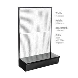 Meet the Vulcan SP Gondola 36 X 54 Black, a stylish display rack featuring a white pegboard. It measures 36 inches wide, 54 inches tall, and has a base depth of 14 inches, making it ideal for any retail space.