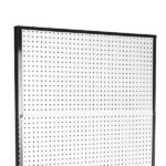 The Vulcan SP EXTENDER 18 X 36 BLACK is a white perforated pegboard with a black frame, ideal for tool organization. Its evenly spaced holes and sleek design provide both functionality and style against a plain white background.