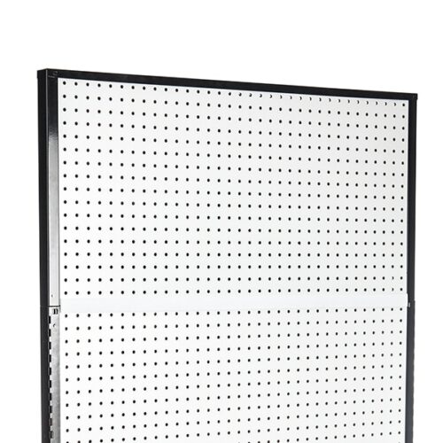 The Vulcan SP EXTENDER 18 X 36 BLACK is a white perforated pegboard with a black frame, ideal for tool organization. Its evenly spaced holes and sleek design provide both functionality and style against a plain white background.