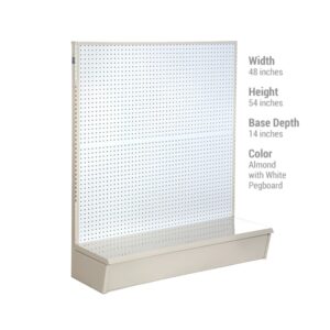 The Vulcan SP GONDOLA 48 X 54 ALMOND is a freestanding display unit with an elegant white pegboard back and almond base. It measures 48 in width, 54 in height, and has a base depth of 14, ideal for showcasing your merchandise attractively.