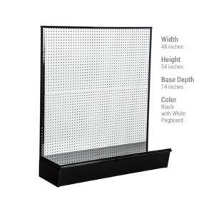 The Vulcan SP GONDOLA 48 X 54 BLACK display unit, featuring a sleek black base and contrasting white pegboard back, measures 48 wide, 54 high, with a base depth of 14, offering stylish item showcasing.