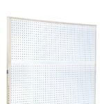 A large white pegboard with evenly spaced holes is set in a Vulcan SP EXTENDER 18 X 48 ALMOND frame against a plain white background, angled to display part of its edge.