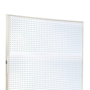 A large white pegboard with evenly spaced holes is set in a Vulcan SP EXTENDER 18 X 48 ALMOND frame against a plain white background, angled to display part of its edge.