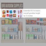 A breakroom display showcases snacks and drinks on shelves of chips, candy, and beverages. Signage highlights the Vulcan SP EXTENDER 18 X 24 BLACK, which extends the gondola height to an impressive 72 inches.