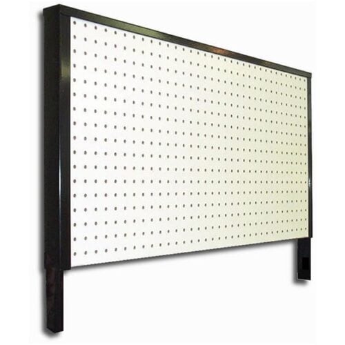 The Vulcan SP EXTENDER 18 X 24 BLACK includes a white pegboard with a stylish black rectangular frame and support legs. Its grid of evenly spaced holes is ideal for tool organization or item display with pegs.
