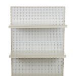 The Vulcan SP SHELF 24 X 12 BLACK is a sleek, three-tier black shelving unit with evenly spaced shelves for display or storage, complemented by a pegboard back for added versatility.