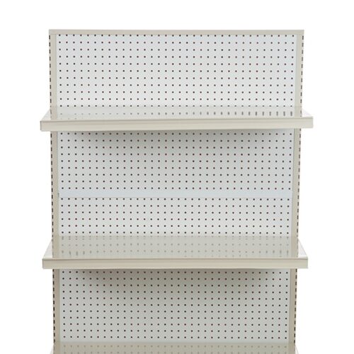 The Vulcan SP SHELF 24 X 12 BLACK is a sleek, three-tier black shelving unit with evenly spaced shelves for display or storage, complemented by a pegboard back for added versatility.