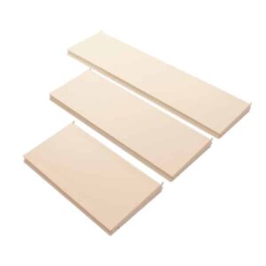 The Vulcan SP SHELF 24 X 12 ALMOND features three diagonally arranged cream-colored foam boards on a white backdrop, each with a smooth surface and slightly rounded edges, up to 24 x 12 inches.